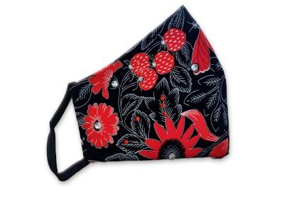 Black cloth face mask with red floral pattern