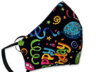 Black face mask with colorful birthday design