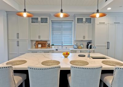 Bright modern kitchen island with pendant lights