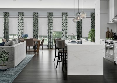 Modern open-plan kitchen with marble island