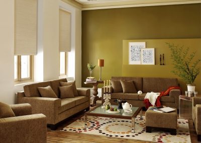 Cozy olive-green living room with brown sofas