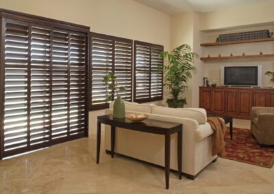 Cozy living room with wooden plantation shutters