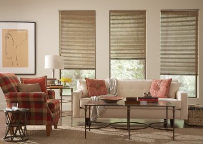 Cozy beige living room with plaid armchair
