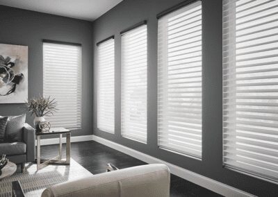 Modern living room with layered window blinds