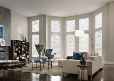Bright contemporary living room with bay windows